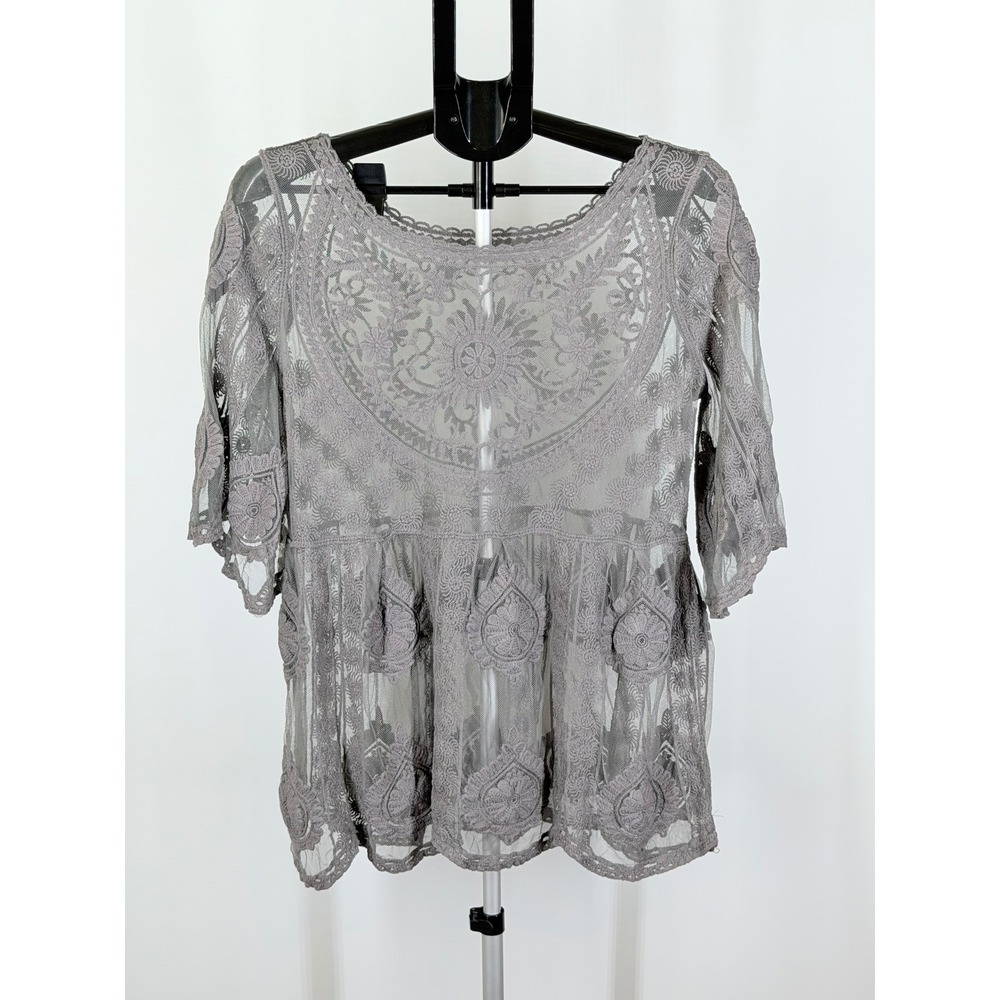 Mardel Inc Grey Lace Sheer Embroidered Babydoll Tunic Top Boho SM